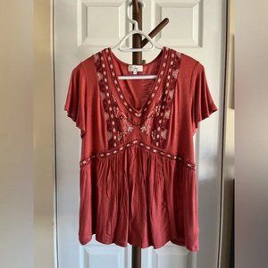 Terracotta Flutter Sleeve Top w/ Embroidery Details